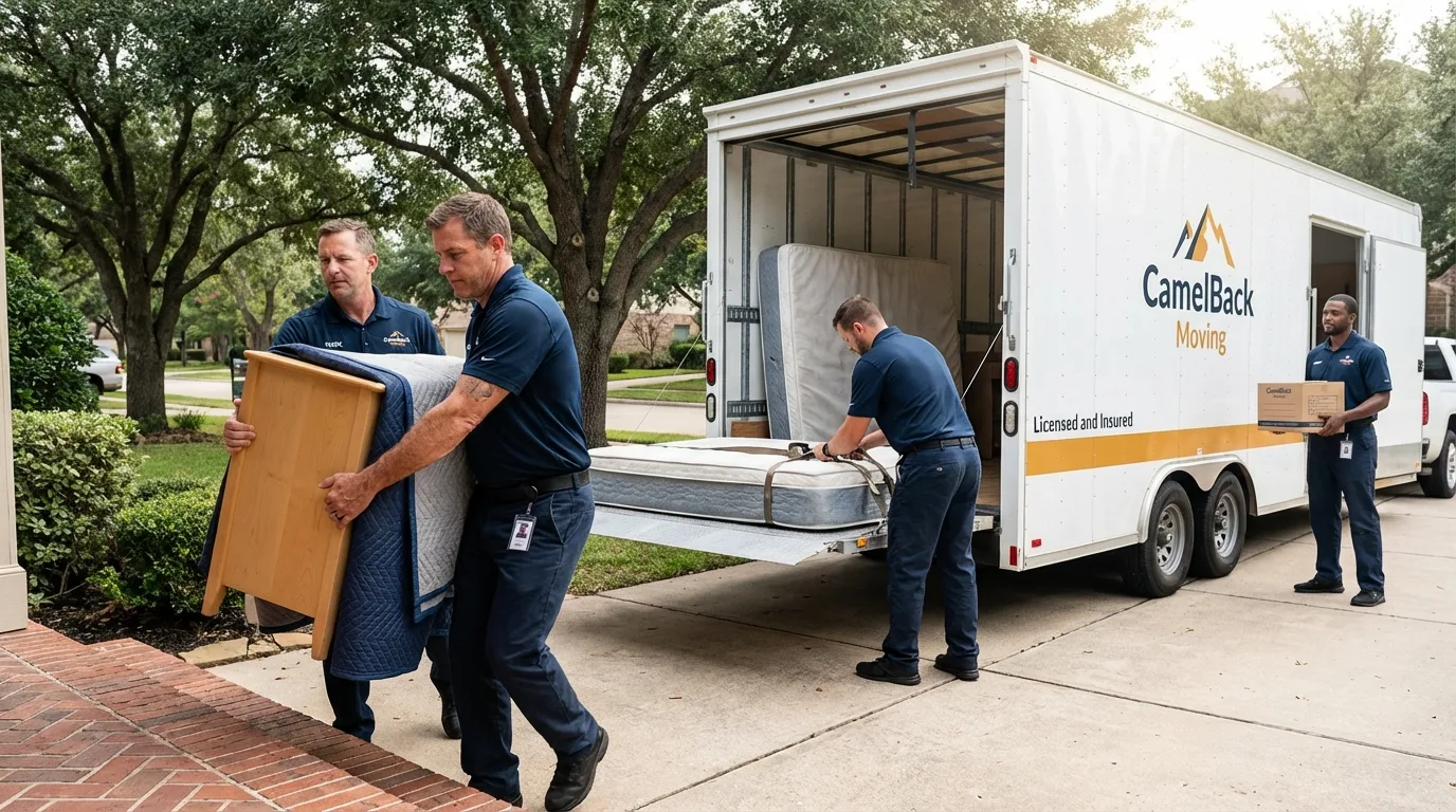 Crew loading residential truck for cross-state move from San Marcos, CA
