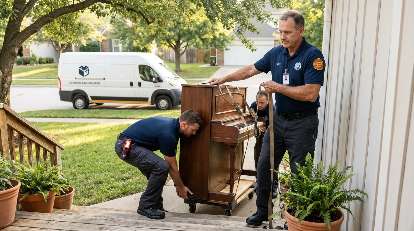 Licensed piano movers securing grand piano in San Marcos, CA