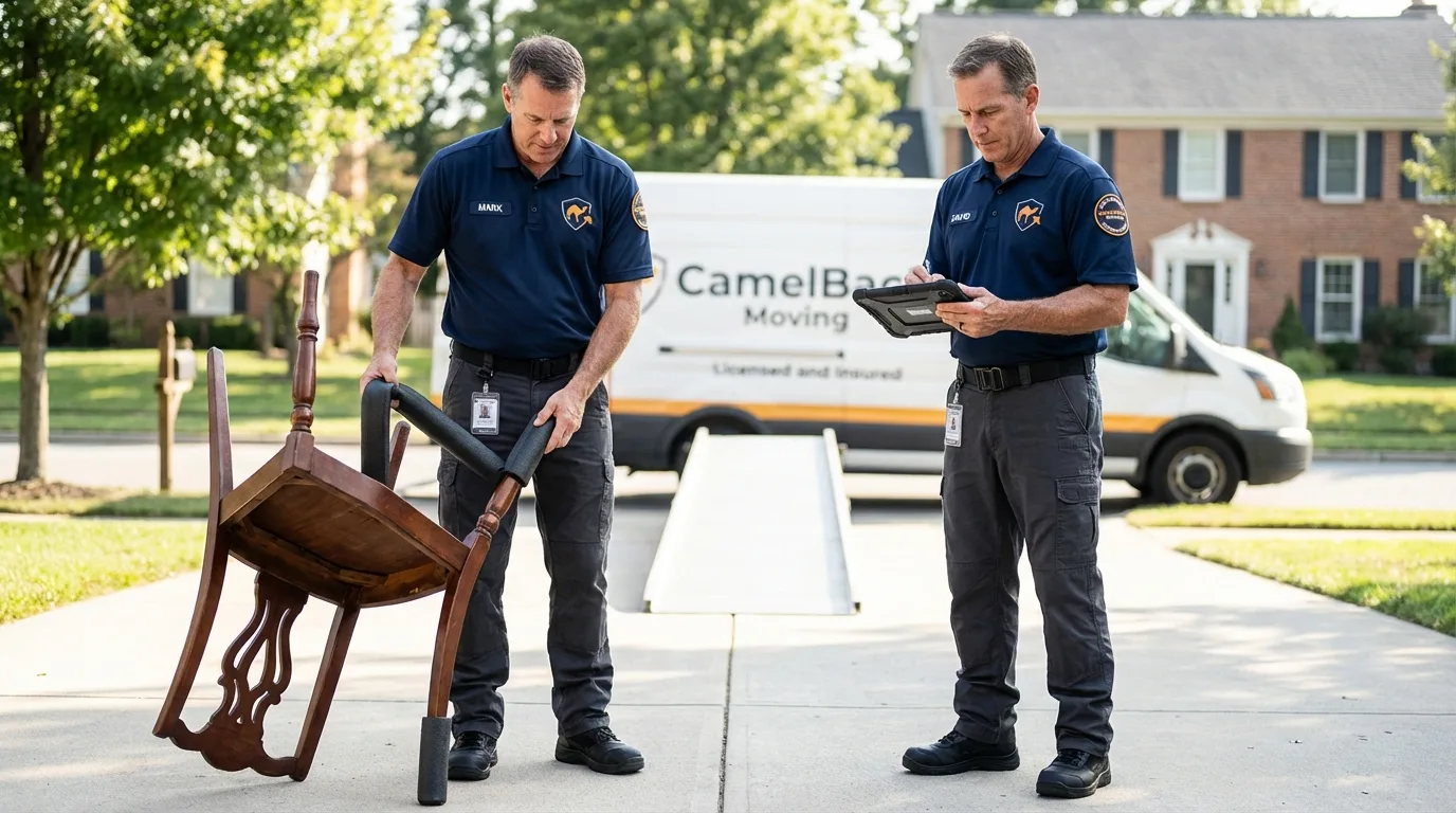 Movers inspecting furniture for damage prevention before loading in San Marcos, CA
